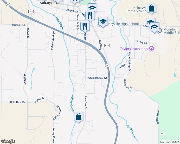 map of restaurants, bars, coffee shops, grocery stores, and more near 4345 Montgomery Court in Kelseyville