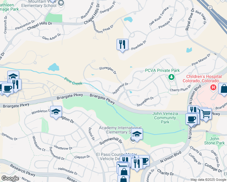 map of restaurants, bars, coffee shops, grocery stores, and more near 9625 Hollyleaf Court in Colorado Springs