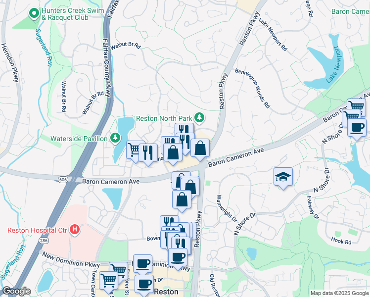 map of restaurants, bars, coffee shops, grocery stores, and more near 1675 Reston Parkway in Reston