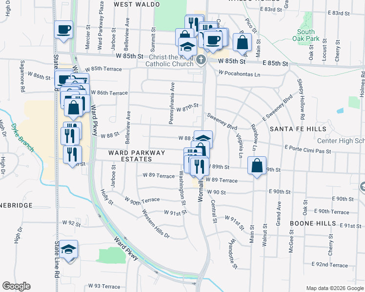 map of restaurants, bars, coffee shops, grocery stores, and more near 507 West 88 Street in Kansas City