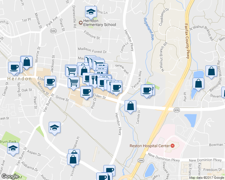 map of restaurants, bars, coffee shops, grocery stores, and more near 100 Herndon Mill Circle in Herndon