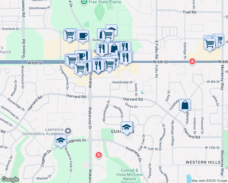 map of restaurants, bars, coffee shops, grocery stores, and more near 4733 Moundridge Court in Lawrence
