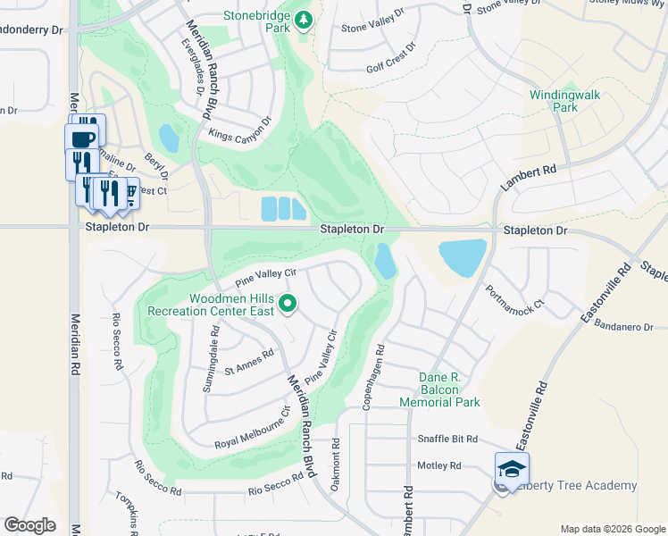 map of restaurants, bars, coffee shops, grocery stores, and more near 9383 Prairie Dunes Road in Peyton