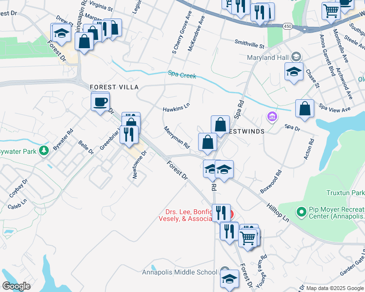 map of restaurants, bars, coffee shops, grocery stores, and more near 141 Merryman Court in Annapolis