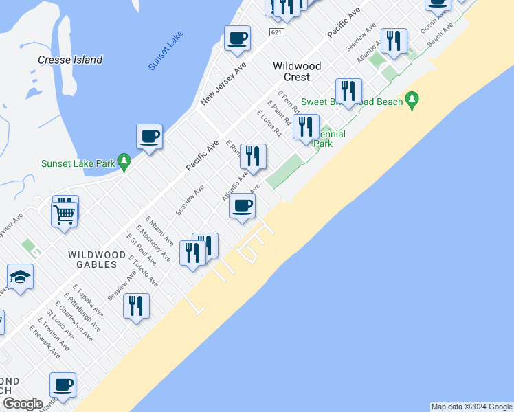 map of restaurants, bars, coffee shops, grocery stores, and more near 501 East Stockton Road in Wildwood