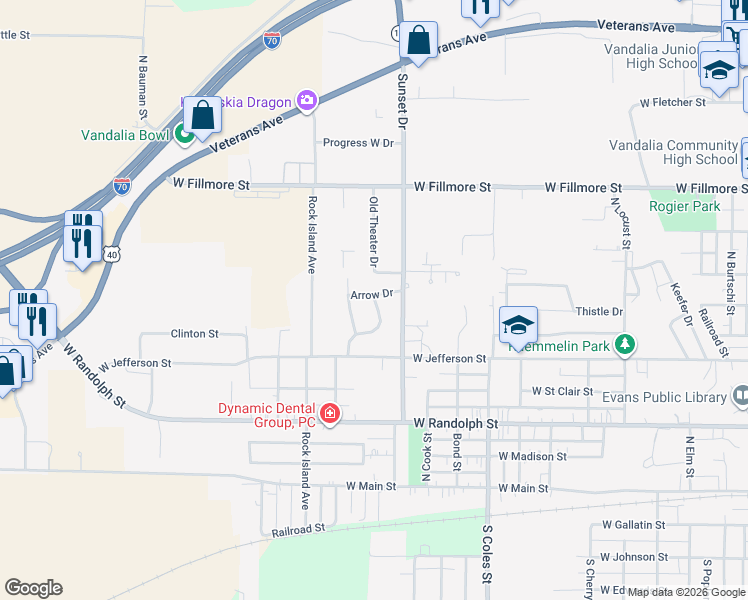 map of restaurants, bars, coffee shops, grocery stores, and more near 616 Bow Drive in Vandalia