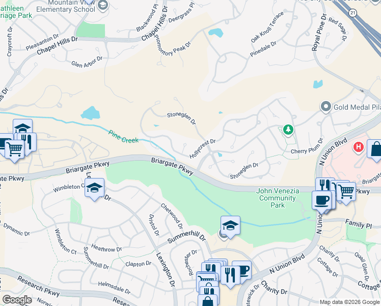 map of restaurants, bars, coffee shops, grocery stores, and more near 9625 Hollyleaf Court in Colorado Springs