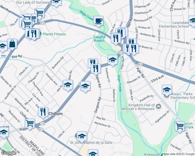 map of restaurants, bars, coffee shops, grocery stores, and more near 6060 Sargent Road in Hyattsville