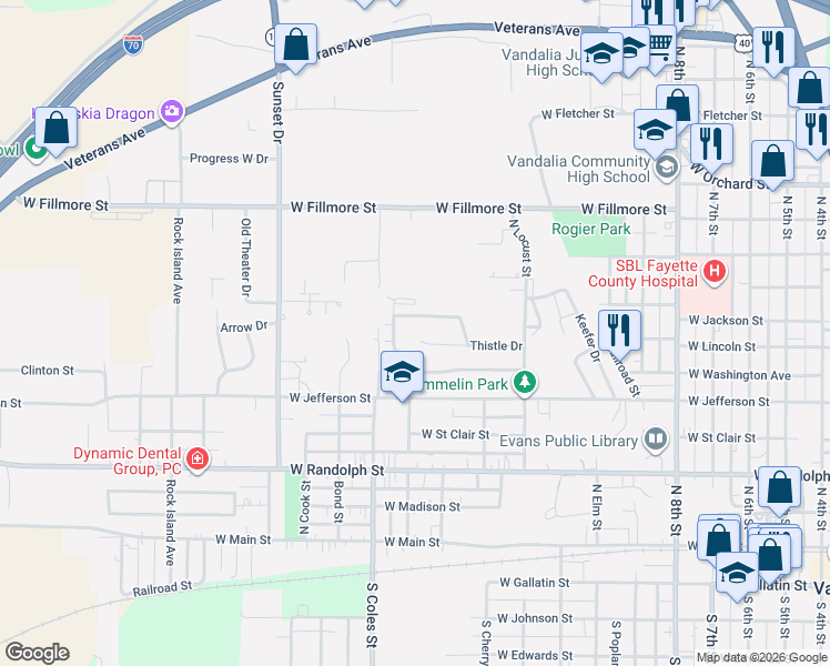 map of restaurants, bars, coffee shops, grocery stores, and more near 1504 Morning Glory Drive in Vandalia