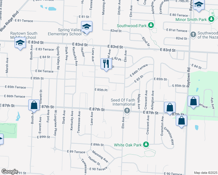 map of restaurants, bars, coffee shops, grocery stores, and more near 9027 East 85th Terrace in Raytown