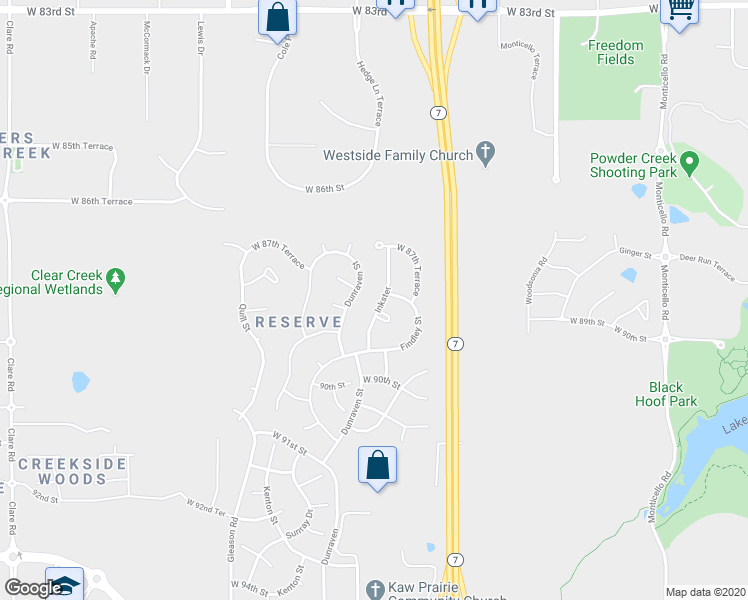 map of restaurants, bars, coffee shops, grocery stores, and more near 8801 Dunraven Street in Lenexa