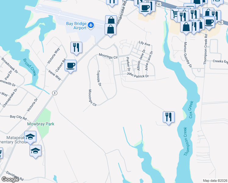 map of restaurants, bars, coffee shops, grocery stores, and more near 761 Moorings Circle in Stevensville