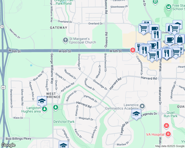 map of restaurants, bars, coffee shops, grocery stores, and more near 924 Stonecreek Dr in Lawrence