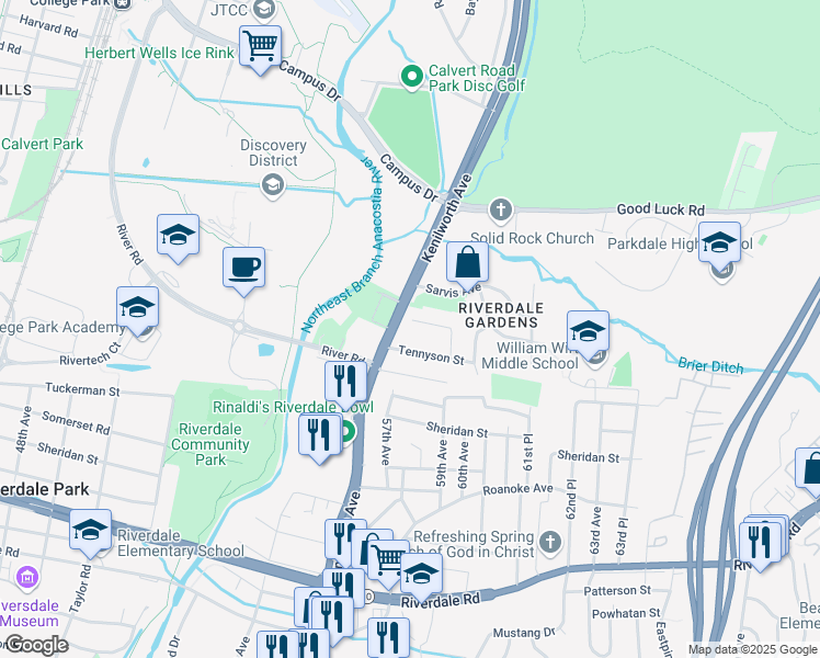 map of restaurants, bars, coffee shops, grocery stores, and more near 5703 Crestwood Place in East Riverdale