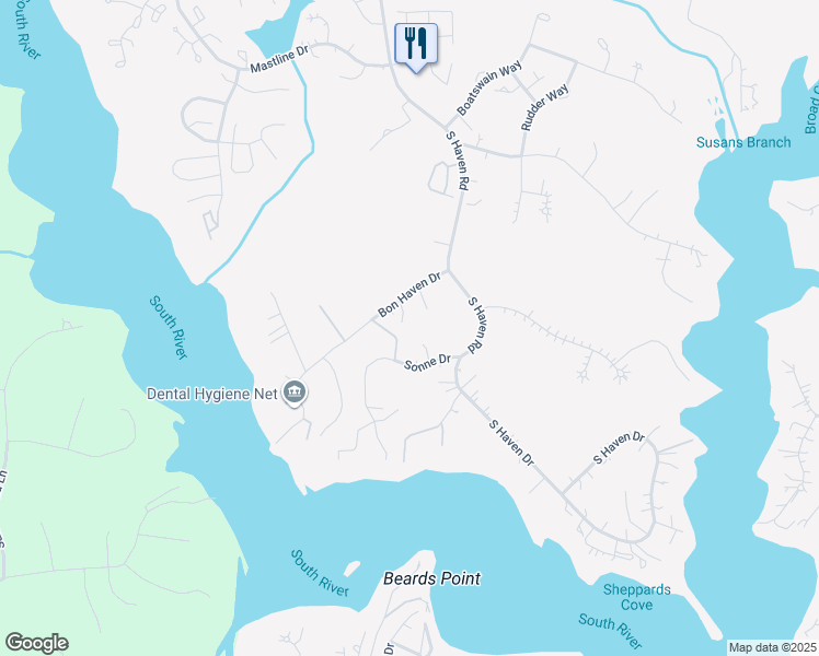 map of restaurants, bars, coffee shops, grocery stores, and more near 721 Bon Haven Drive in Annapolis