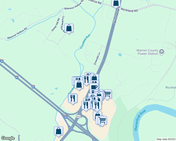 map of restaurants, bars, coffee shops, grocery stores, and more near 94 Old Hill and Dale Road in Front Royal