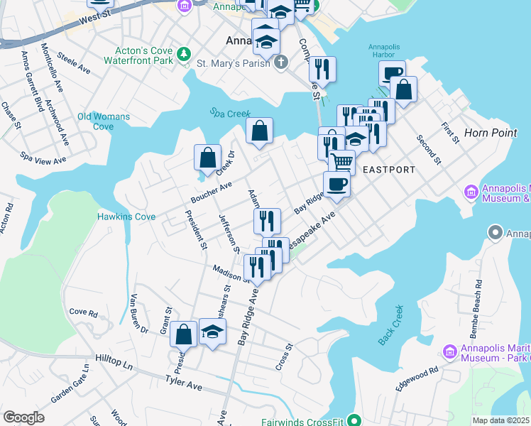 map of restaurants, bars, coffee shops, grocery stores, and more near 407 Adams Street in Annapolis