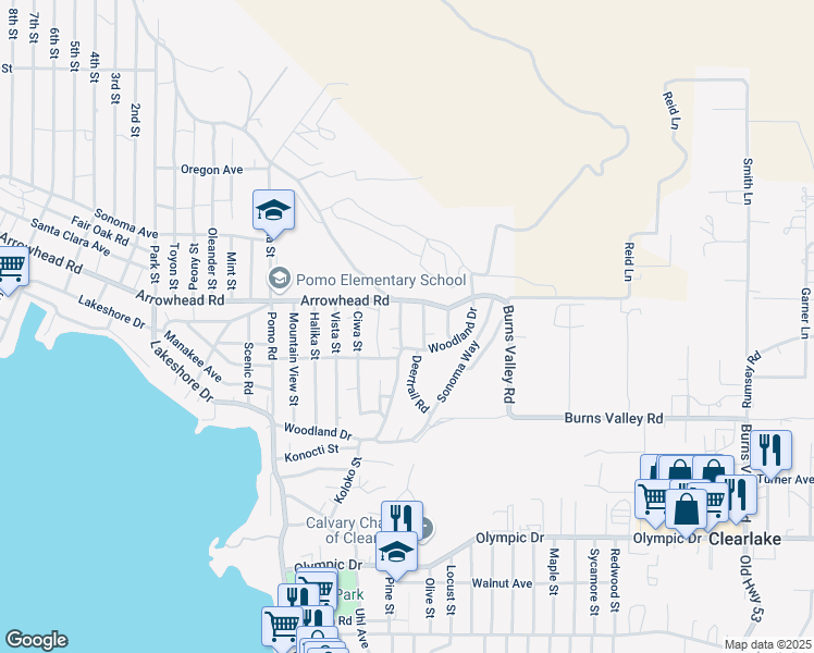 map of restaurants, bars, coffee shops, grocery stores, and more near 3524 Ukiah Street in Clearlake
