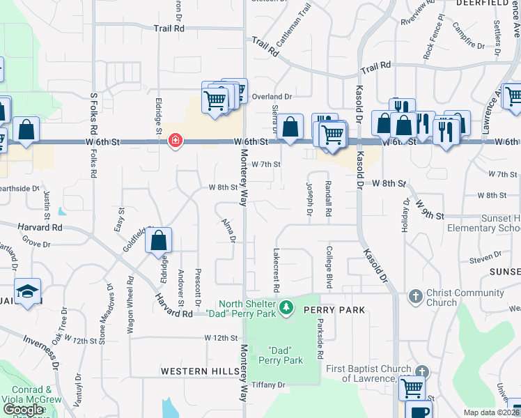 map of restaurants, bars, coffee shops, grocery stores, and more near 904 Christie Court in Lawrence