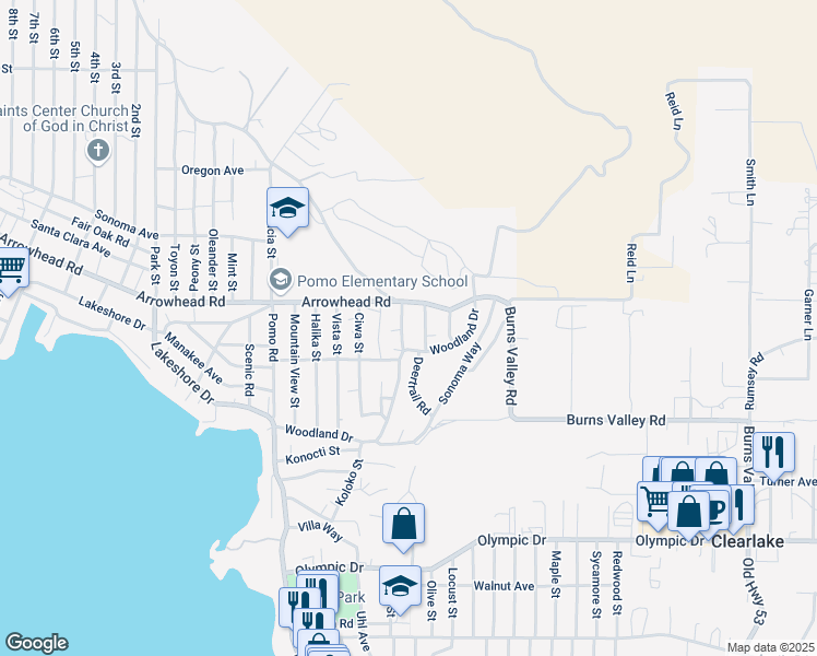 map of restaurants, bars, coffee shops, grocery stores, and more near 3528 Ukiah Street in Clearlake