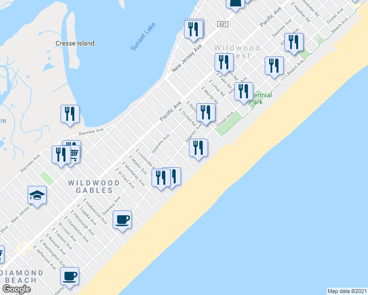 map of restaurants, bars, coffee shops, grocery stores, and more near 406 East Stanton Road in Wildwood Crest