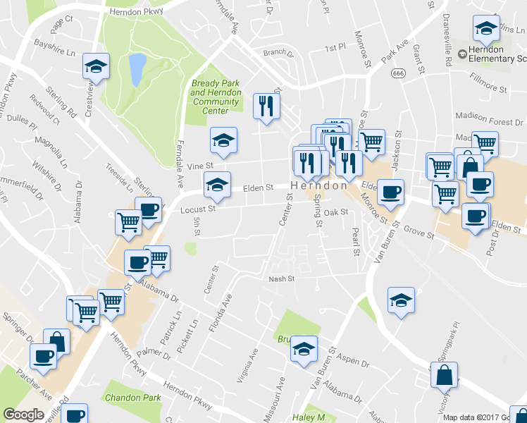 map of restaurants, bars, coffee shops, grocery stores, and more near 655 Nathaniel Chase Lane in Herndon