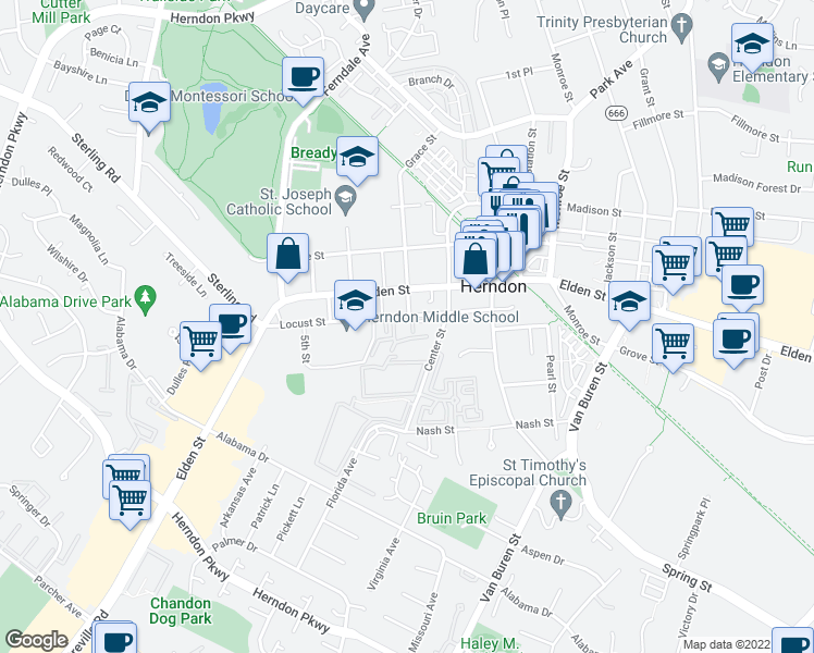 map of restaurants, bars, coffee shops, grocery stores, and more near 655 Nathaniel Chase Lane in Herndon