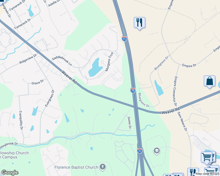 map of restaurants, bars, coffee shops, grocery stores, and more near Trellises Drive in Florence