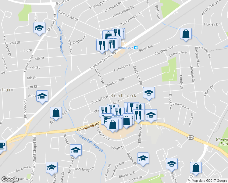 map of restaurants, bars, coffee shops, grocery stores, and more near 9414 Worrell Avenue in Lanham