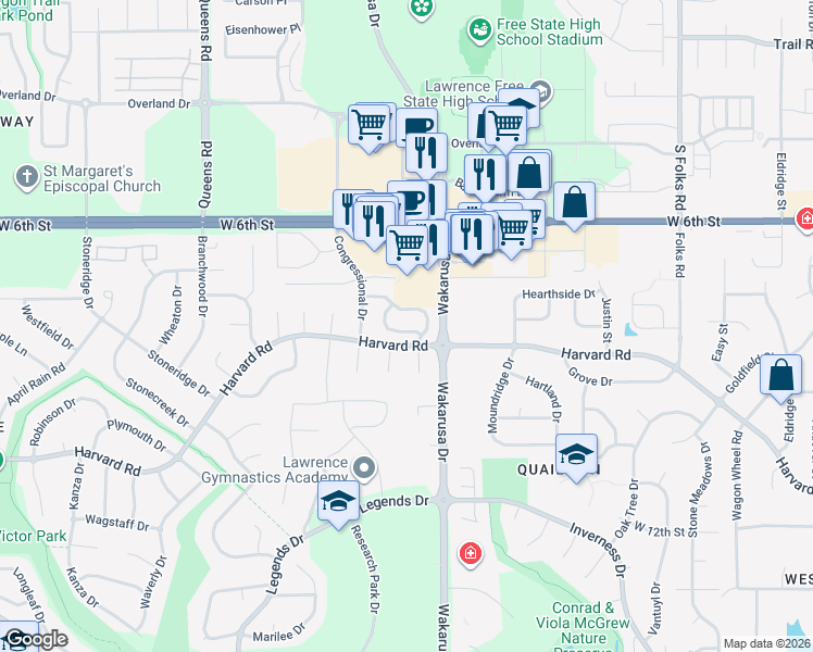 map of restaurants, bars, coffee shops, grocery stores, and more near 4912 Colonial Way in Lawrence