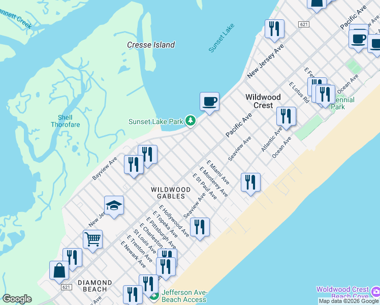 map of restaurants, bars, coffee shops, grocery stores, and more near 114 East Miami Avenue in Wildwood Crest