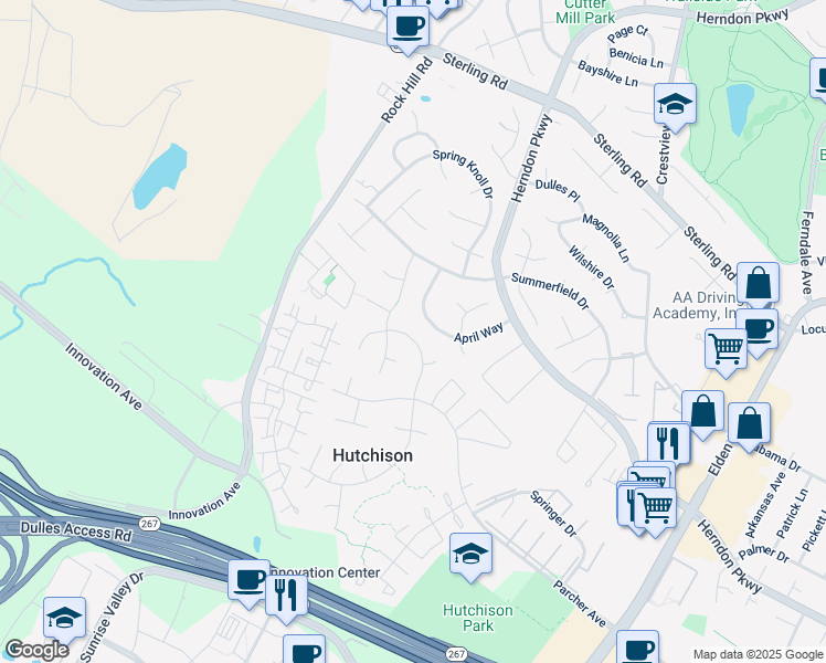 map of restaurants, bars, coffee shops, grocery stores, and more near 2021 Maleady Drive in Herndon
