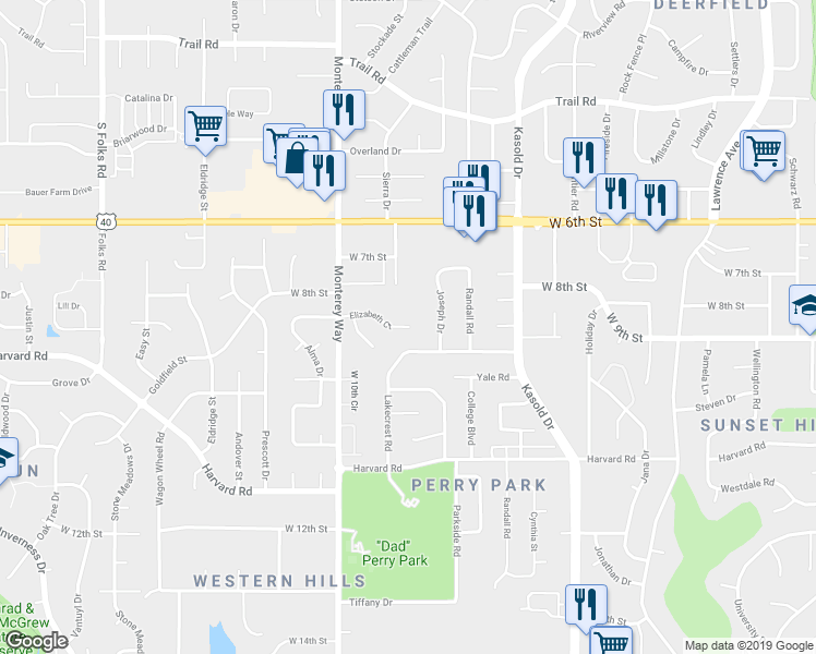 map of restaurants, bars, coffee shops, grocery stores, and more near 3706 Elizabeth Court in Lawrence
