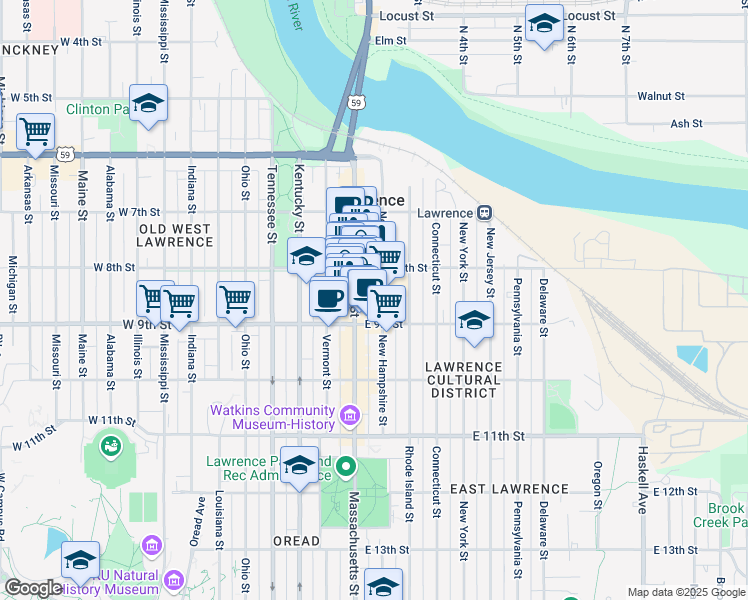 map of restaurants, bars, coffee shops, grocery stores, and more near 825 New Hampshire Street in Lawrence