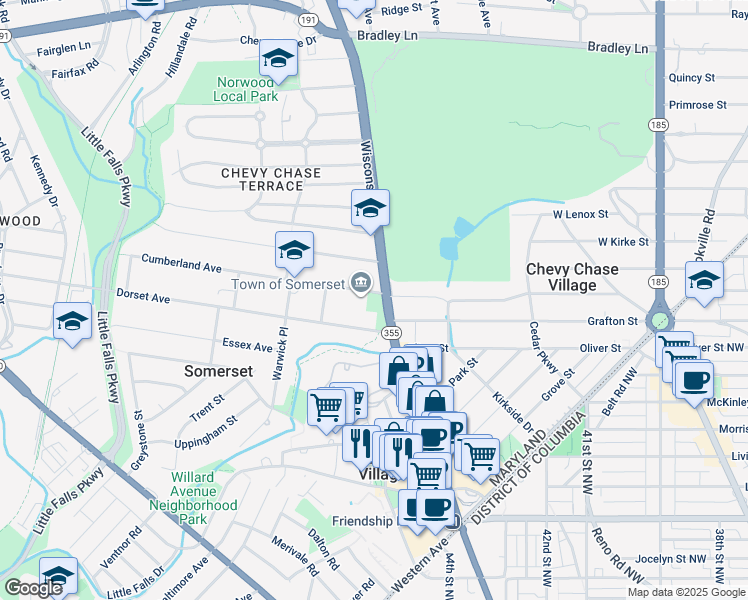 map of restaurants, bars, coffee shops, grocery stores, and more near 5810 Wisconsin Avenue in Chevy Chase