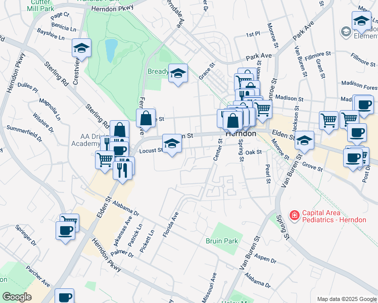 map of restaurants, bars, coffee shops, grocery stores, and more near 102 Lillian Chase Lane in Herndon