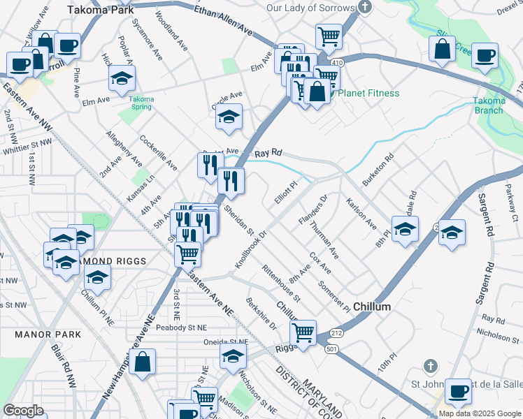 map of restaurants, bars, coffee shops, grocery stores, and more near 711 Cox Avenue in Hyattsville