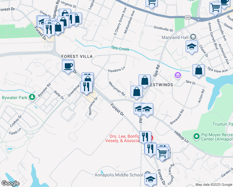 map of restaurants, bars, coffee shops, grocery stores, and more near 126 Merryman Court in Annapolis