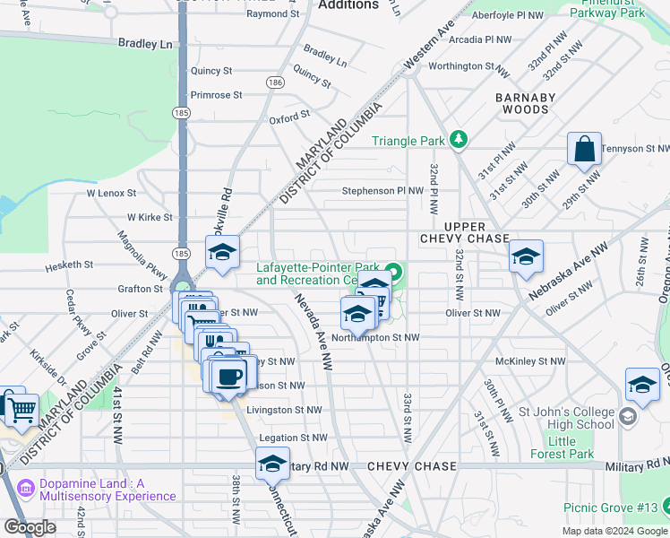 map of restaurants, bars, coffee shops, grocery stores, and more near 5922 Broad Branch Road Northwest in Washington