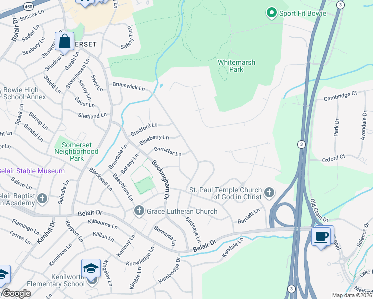 map of restaurants, bars, coffee shops, grocery stores, and more near 12807 Brunswick Lane in Bowie