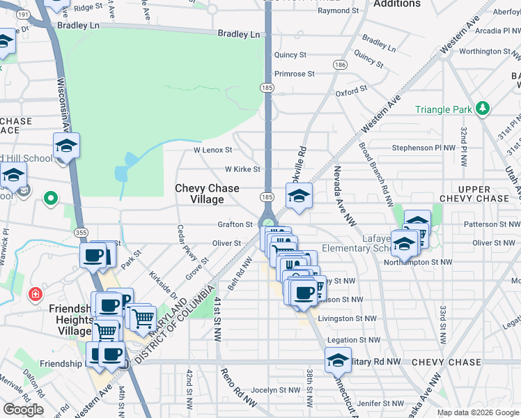 map of restaurants, bars, coffee shops, grocery stores, and more near 3000 Connecticut Avenue in Chevy Chase