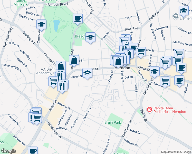 map of restaurants, bars, coffee shops, grocery stores, and more near 102 Lillian Chase Lane in Herndon