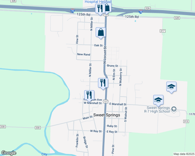 map of restaurants, bars, coffee shops, grocery stores, and more near 301-315 North Miller Street in Sweet Springs