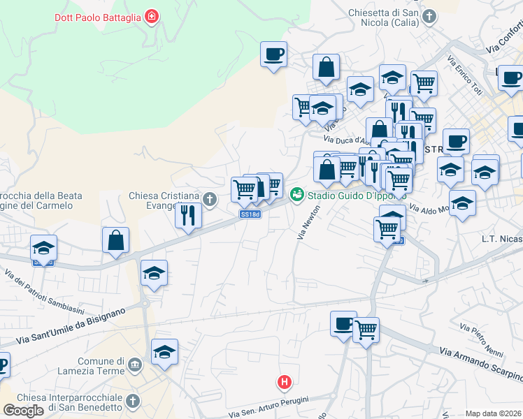 map of restaurants, bars, coffee shops, grocery stores, and more near 90 Via Guglielmo Marconi in Lamezia Terme