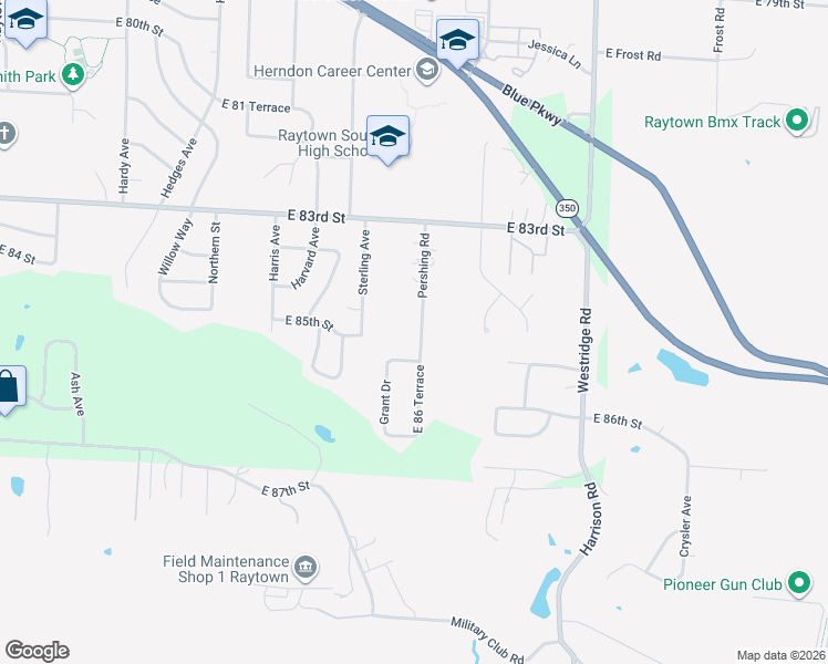 map of restaurants, bars, coffee shops, grocery stores, and more near 8420 Pershing Road in Raytown