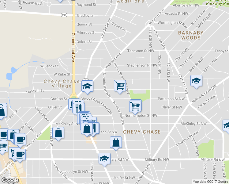 map of restaurants, bars, coffee shops, grocery stores, and more near 3518 Quesada Street Northwest in Washington