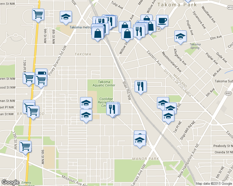 map of restaurants, bars, coffee shops, grocery stores, and more near 6417 3rd Street Northwest in Washington