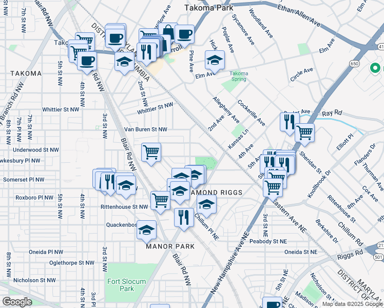 map of restaurants, bars, coffee shops, grocery stores, and more near 6501 North Capitol Street Northwest in Washington