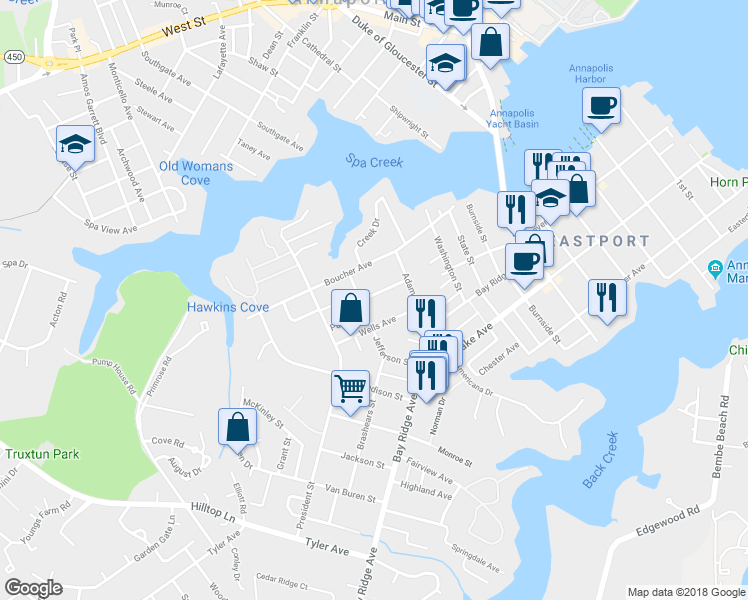 map of restaurants, bars, coffee shops, grocery stores, and more near 923 Windsor Avenue in Annapolis