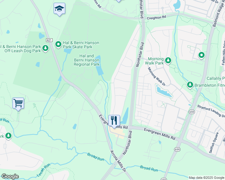 map of restaurants, bars, coffee shops, grocery stores, and more near 23391 Tradewind Drive in Aldie